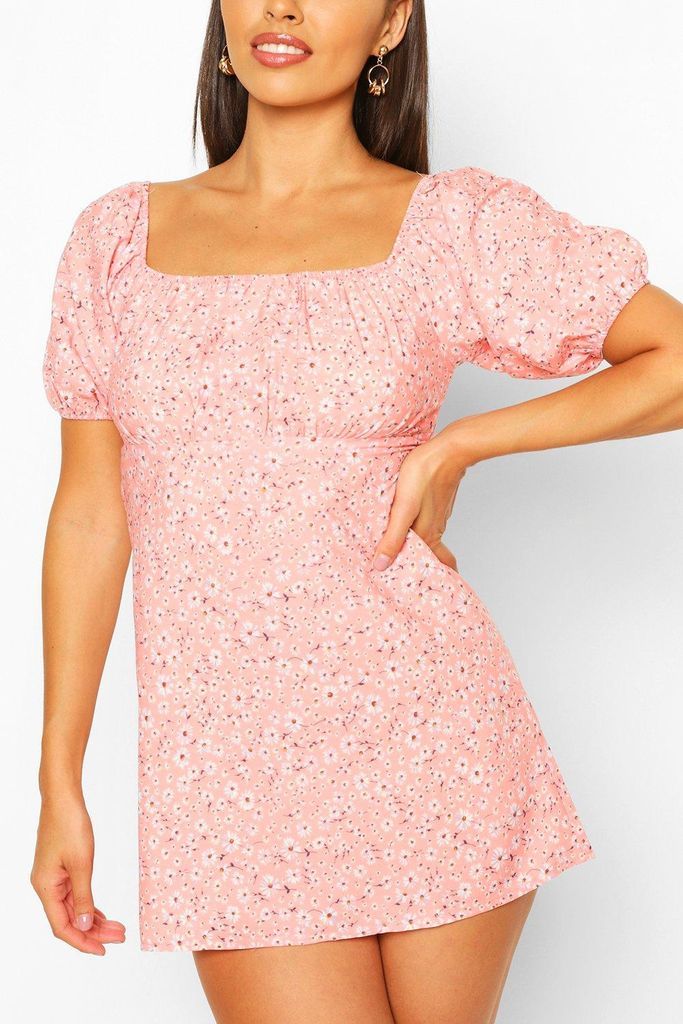 Womens Petite Floral Smock Dress - Pink - 10, Pink
