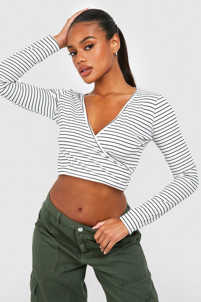 Womens Stripe Knitted Wrap Crop Top - White - 6, White