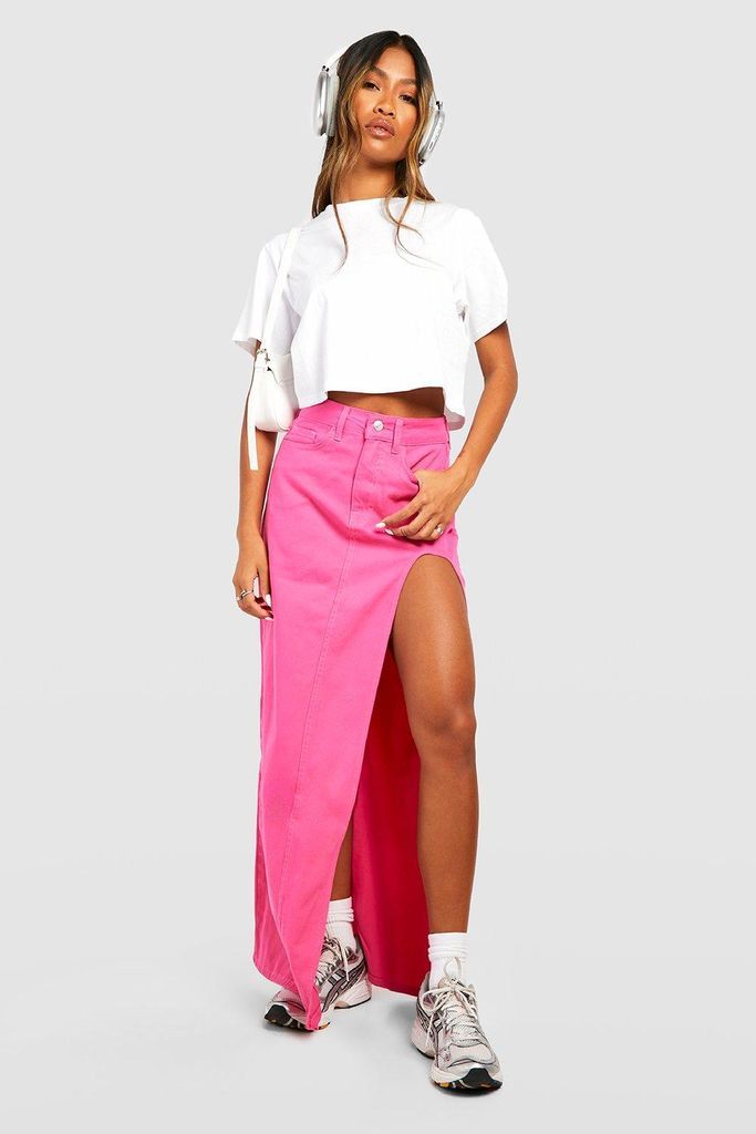 Womens Pink Thigh Split Denim Maxi Skirt - 6, Pink