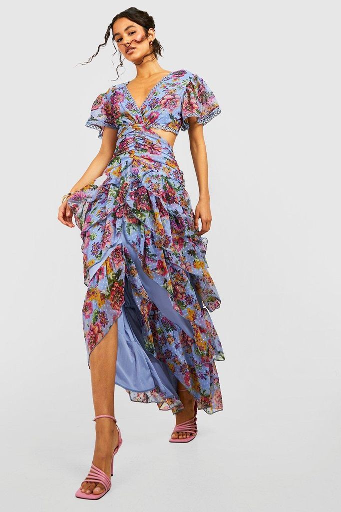 Womens Floral Dobby Cut Out Ruffle Maxi Dress - Blue - 12, Blue