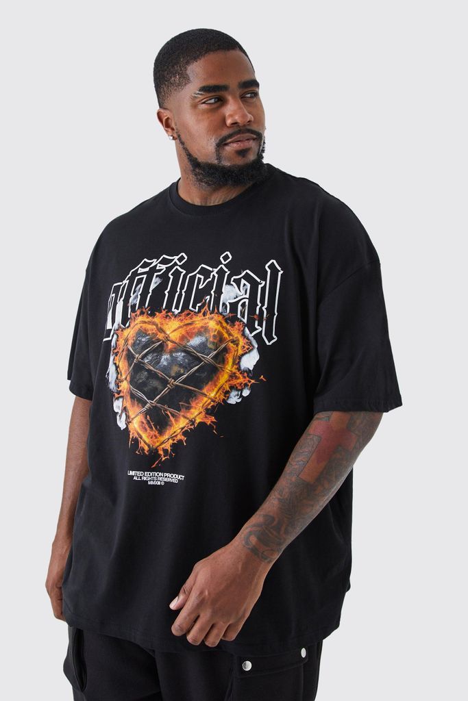 Men's Plus Oversized Official Flame Hearts Print T-Shirt - Black - Xxxl, Black