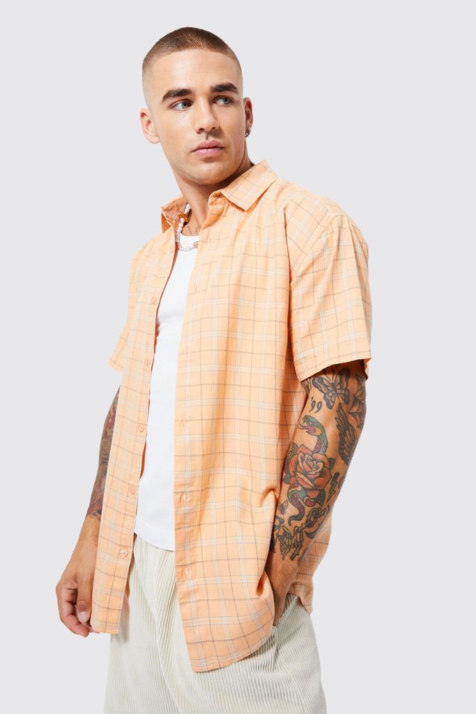 Men's Short Sleeve Oversized Lightweight Check Shirt - Orange - S, Orange
