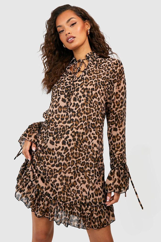 Womens Leopard Ruffle Smock Dress - Brown - 12, Brown