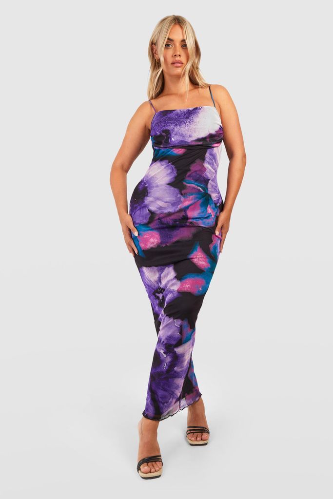 Womens Plus Abstract Floral Print Mesh Maxi Slip Dress - Purple - 16, Purple