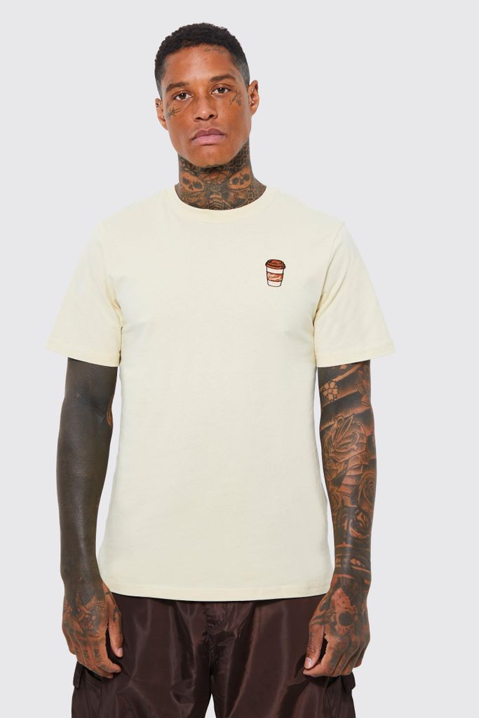 Men's Coffee Cup Embroidered T-Shirt - Beige - M, Beige