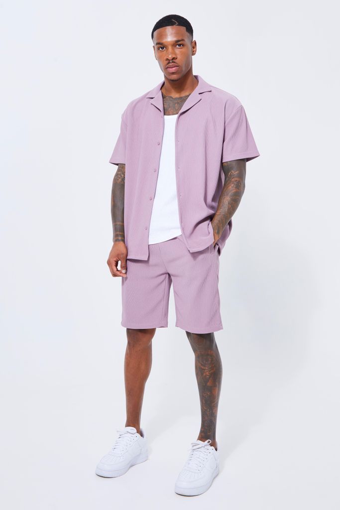 Men's Ribbed Revere Shirt And Short Set - Purple - S, Purple