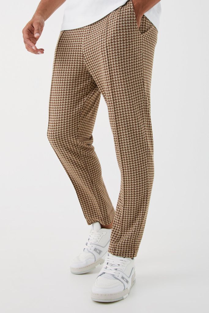Men's Elasticated Tapered Pintuck Dogstooth Trousers - Beige - S, Beige