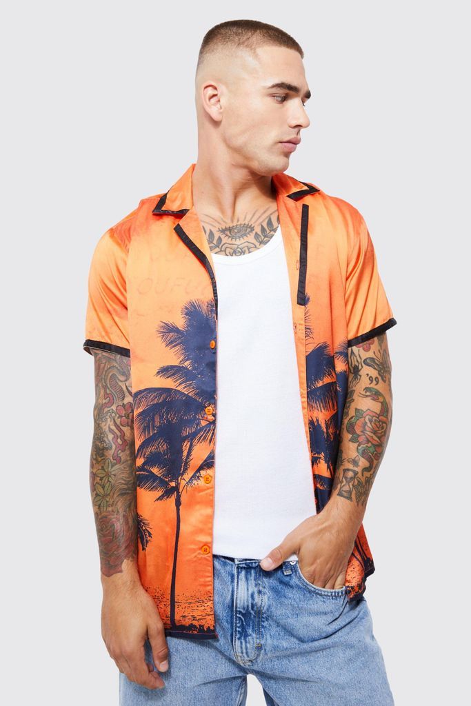 Men's Short Sleeve Satin Palm Shirt - Orange - S, Orange