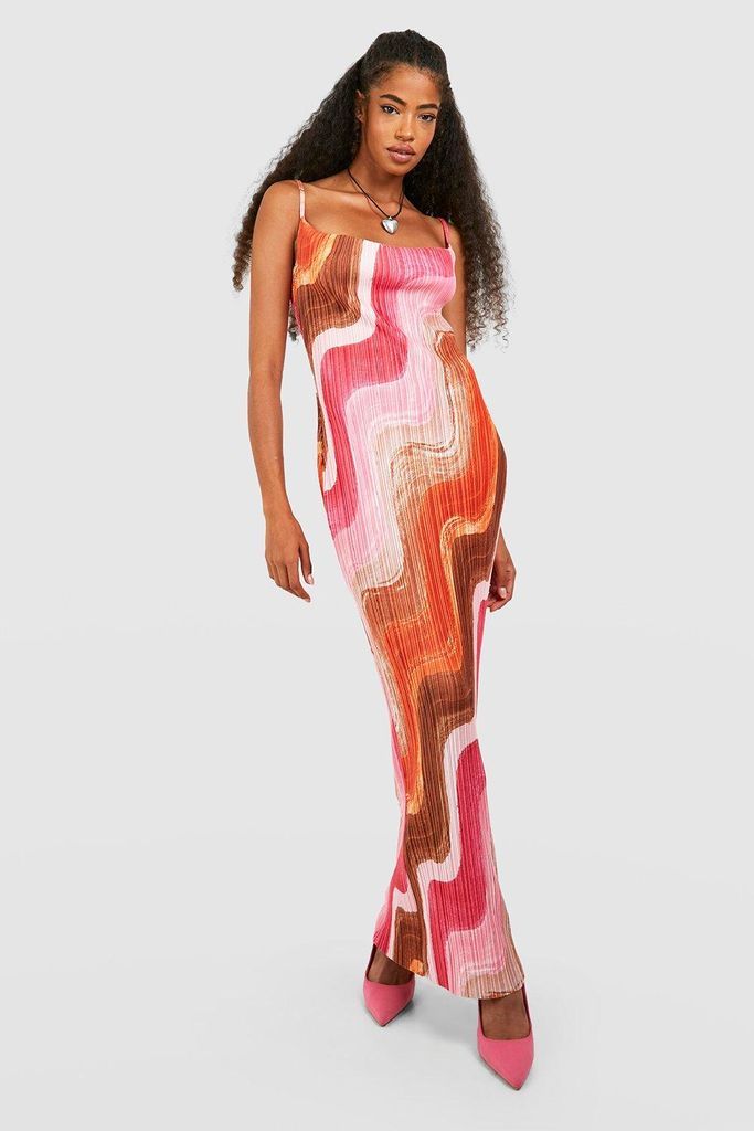 Womens Abstract Plisse Strappy Maxi Dress - Pink - 6, Pink