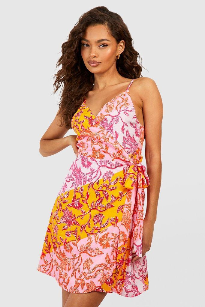 Womens Mixed Print Wrap Dress - Pink - 8, Pink