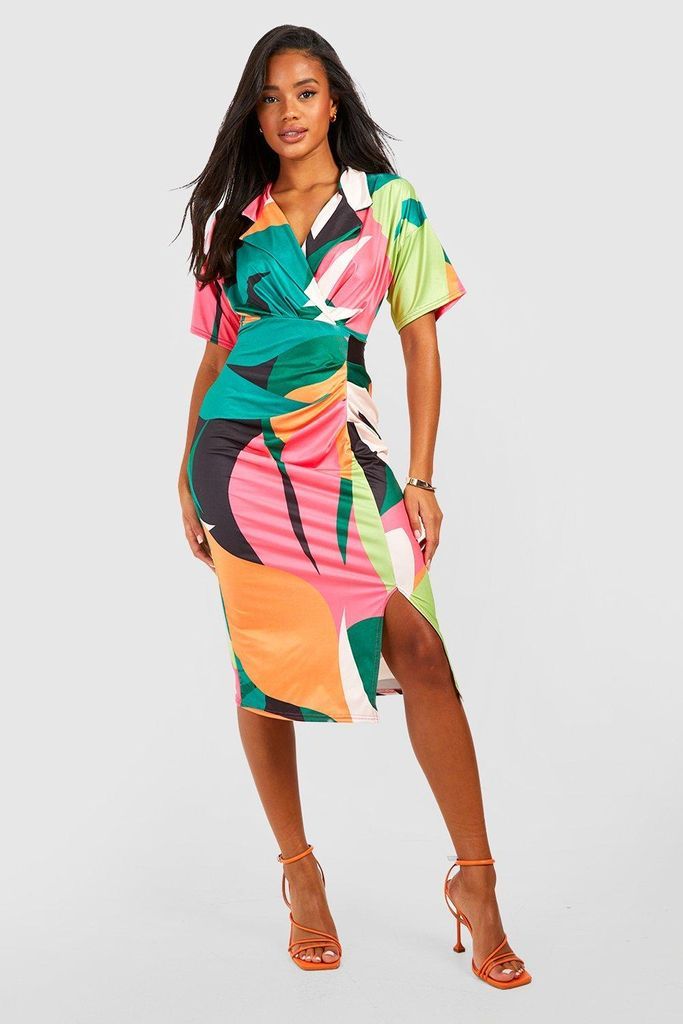 Womens Tropical Slinky Wrap Midi Shirt Dress - Multi - 8, Multi