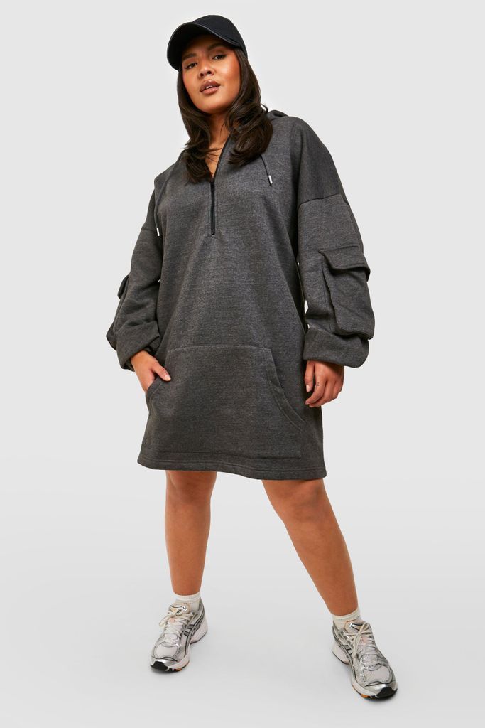 Womens Plus Pocket Detail Half Zip Sweat Dress - Grey - 20, Grey