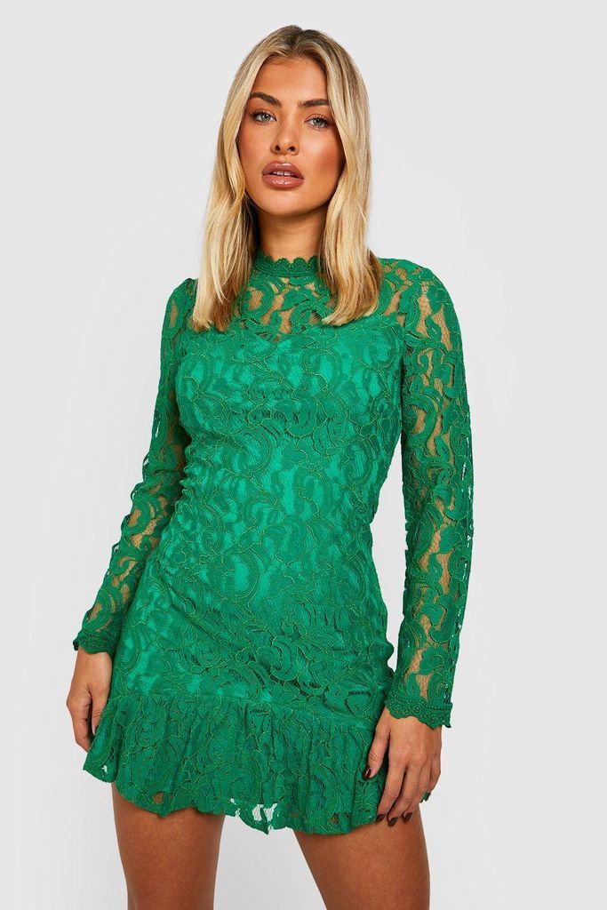 Womens Lace High Neck Mini Dress - Green - 10, Green