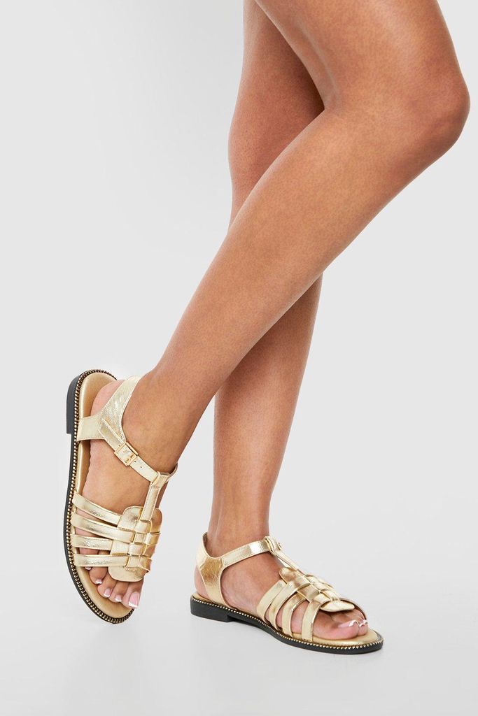 Womens Gladiator Detail Flat Sandals - Gold - 4, Gold