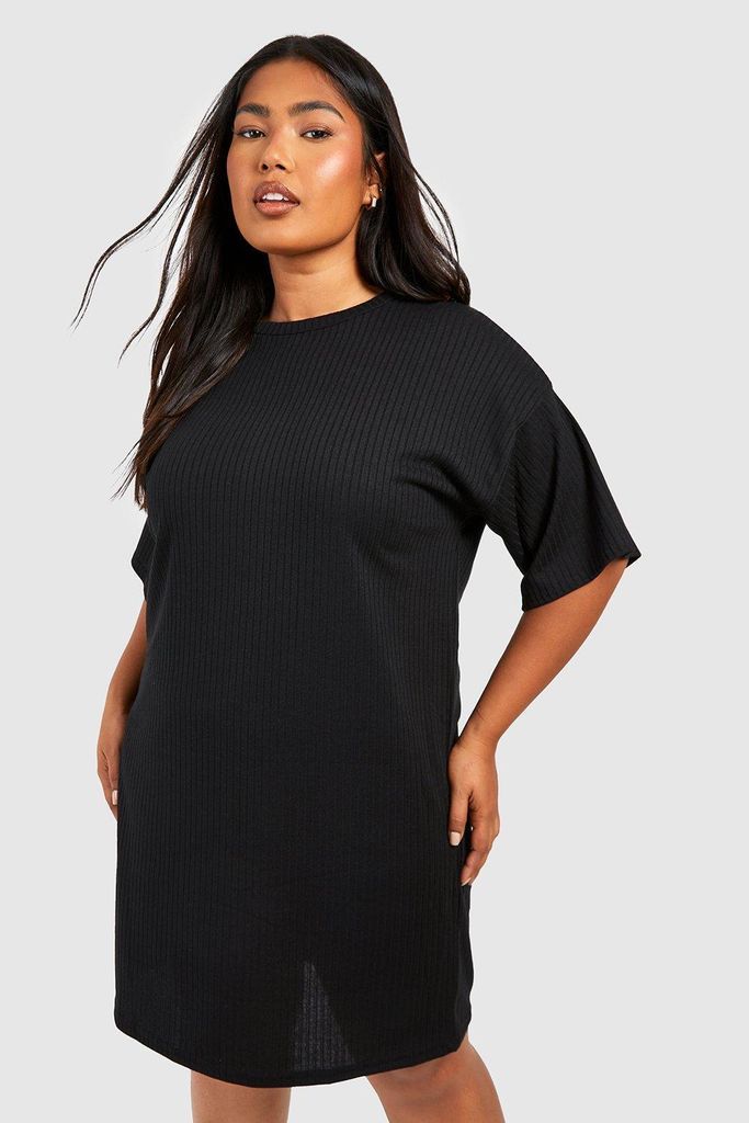 Womens Plus Basic Soft Rib Oversized T-Shirt Dress - Black - 28, Black