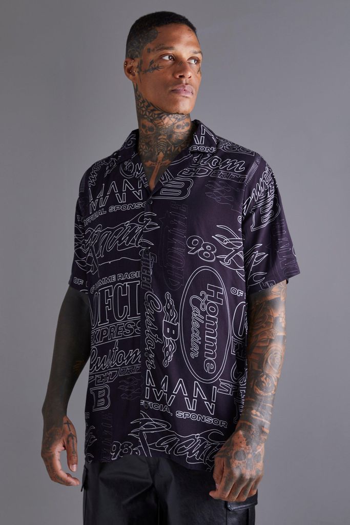 Men's Short Sleeve Oversized Viscose All Over Artwork Shirt - Black - M, Black