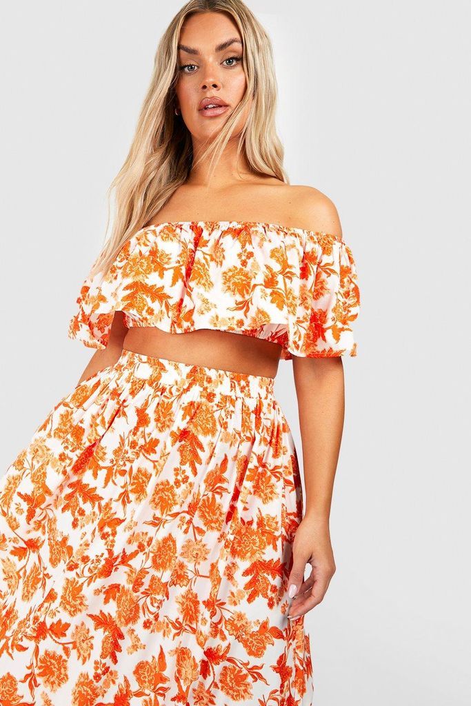 Womens Plus Woven Floral Off Shoulder & Maxi Skirt Co Ord - Orange - 16, Orange
