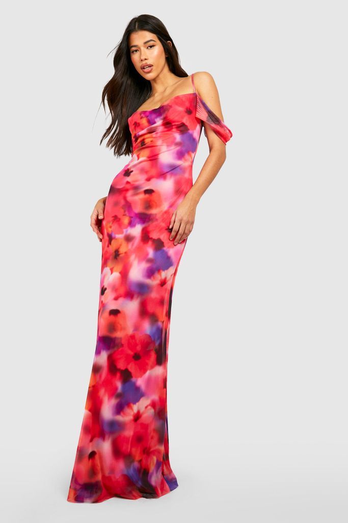Womens Tall Blurred Floral Cold Shoulder Cowl Maxi Dress - Pink - 6, Pink