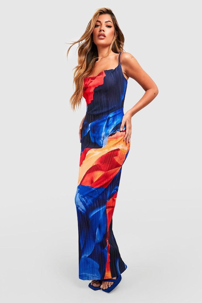 Womens Cowl Neck Abstract Plisse Maxi Dress - Blue - 18, Blue