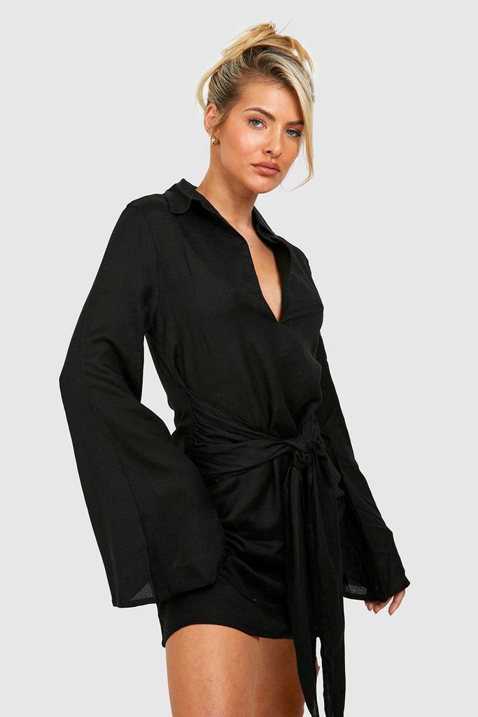 Womens Linen Tie Detail Shirt Mini Beach Dress - Black - 8, Black