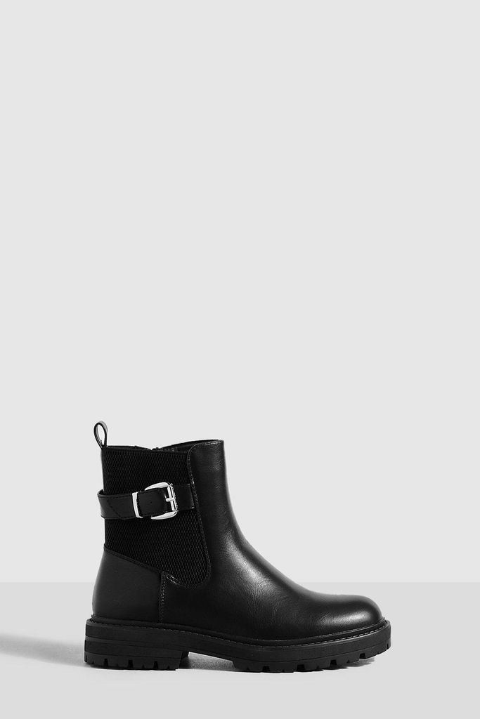 Womens Buckle Detail Chelsea Boots - Black - 3, Black