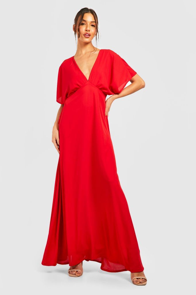 Womens Chiffon Batwing Rouched Maxi Dress - Red - 8, Red