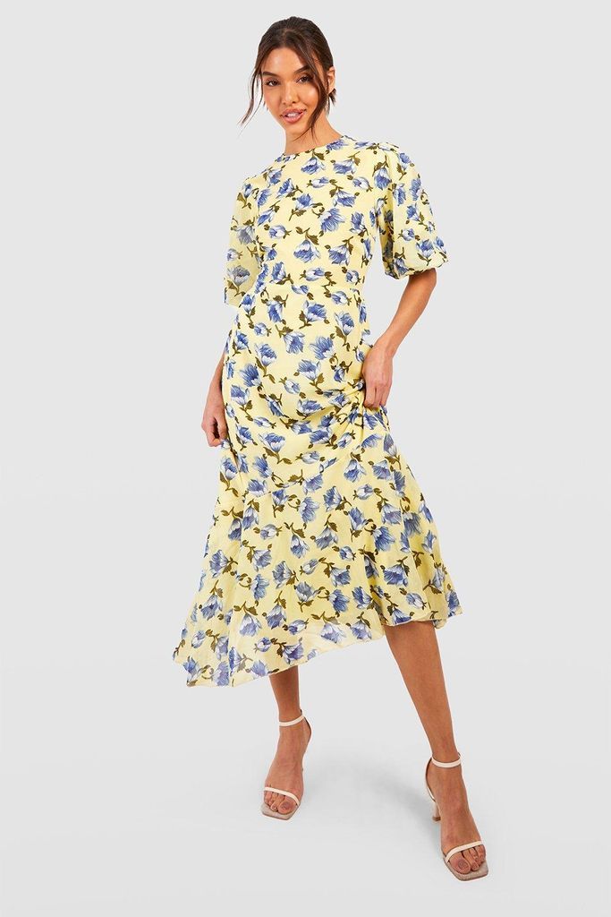 Womens Floral Chiffon Puff Sleeve Midaxi Dress - Yellow - 8, Yellow