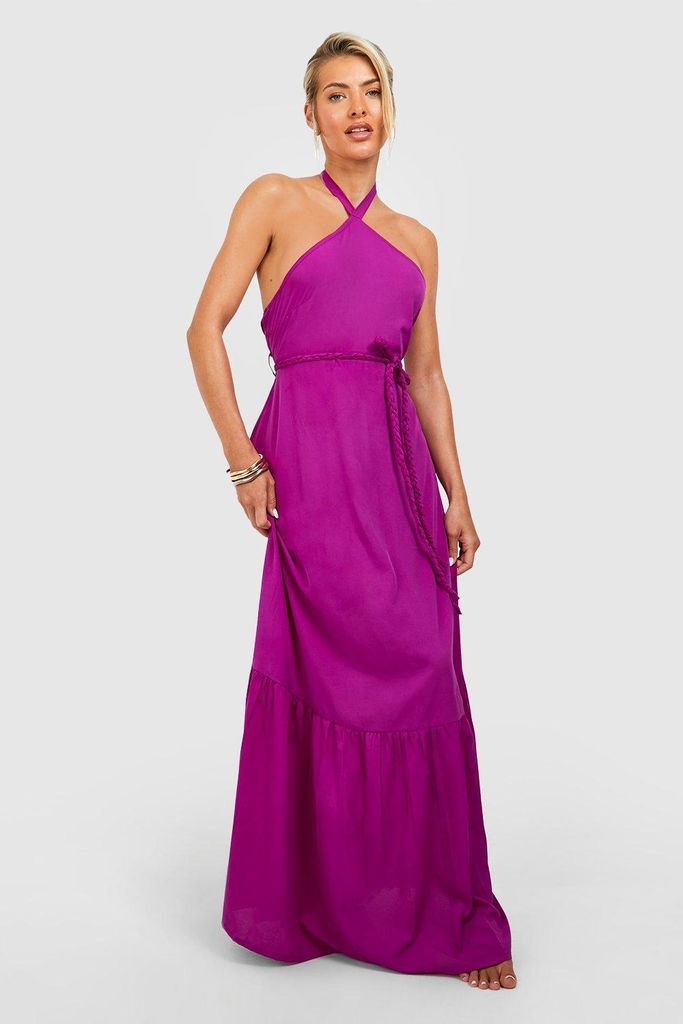Womens High Neck Belted Maxi Dress - Purple - 8, Purple