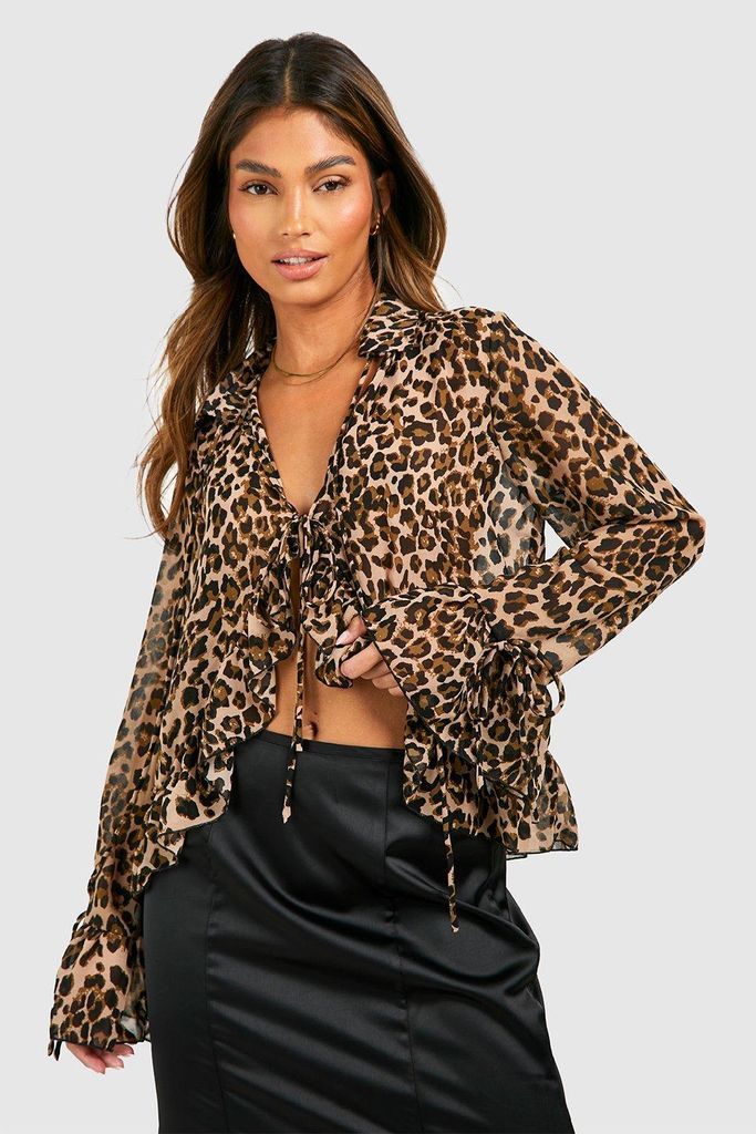 Womens Leopard Ruffle Detail Blouse - Brown - 6, Brown