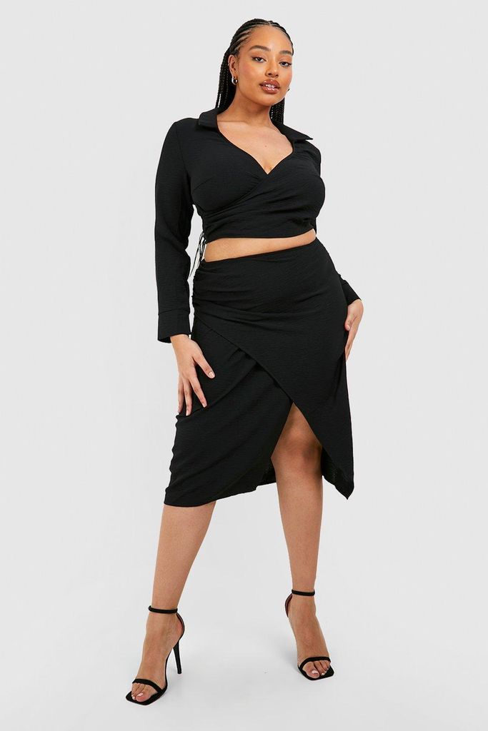 Womens Plus Hammered Satin Wrap Midi Skirt - Black - 16, Black