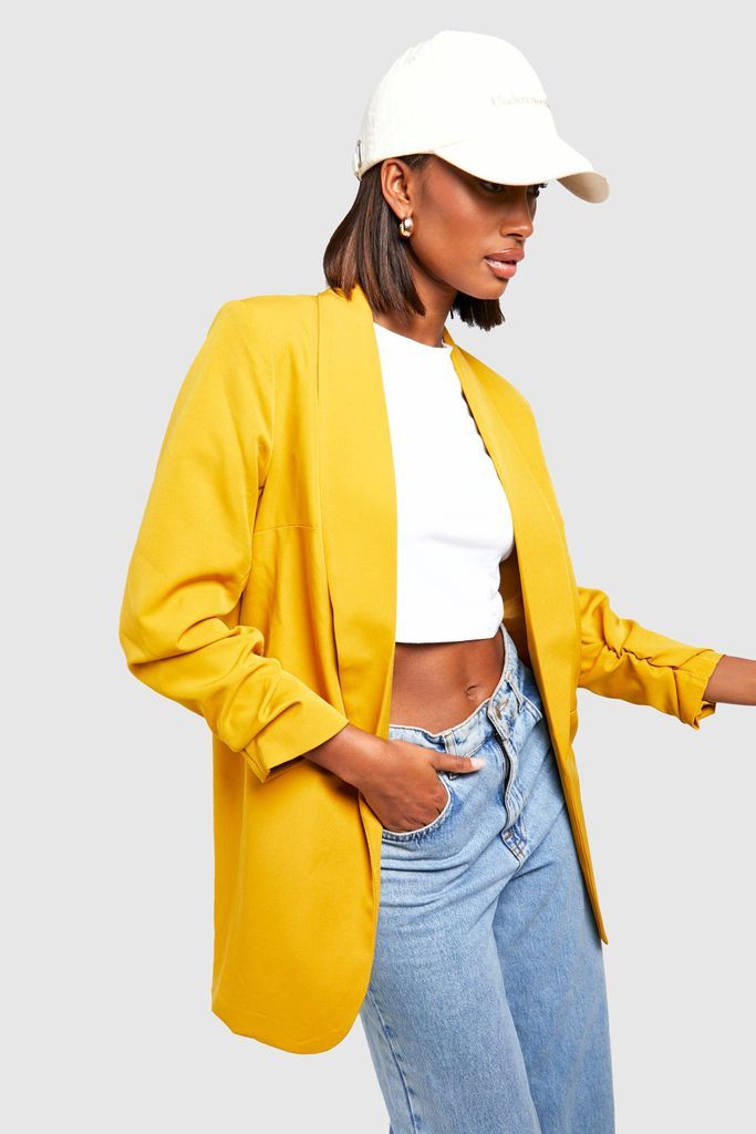 Womens Ruched Sleeve Blazer - Yellow - L, Yellow