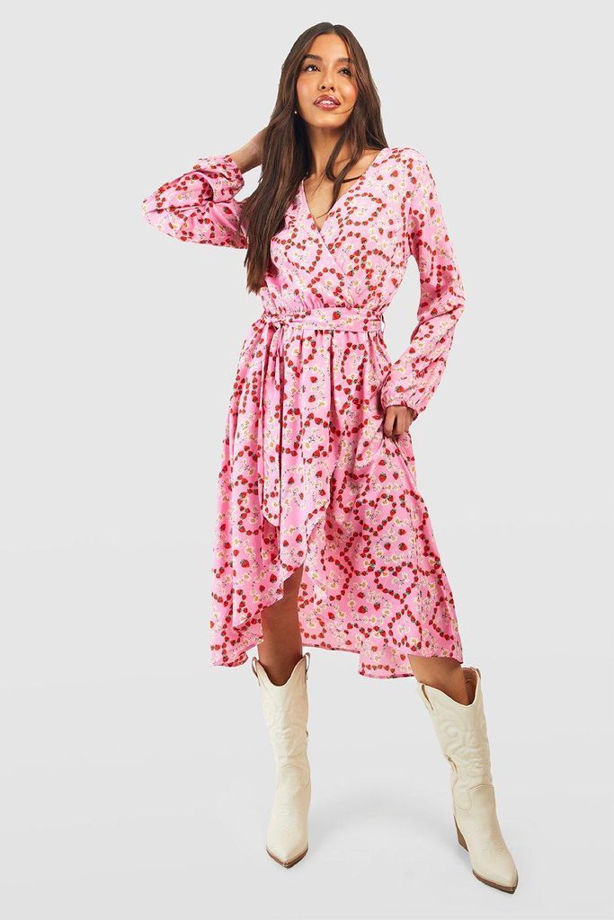 Womens Printed Long Sleeve Wrap Midi Dress - Pink - 8, Pink