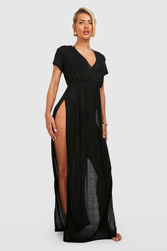 Womens Sheer Texture Split Beach Maxi Dress - Black - S, Black