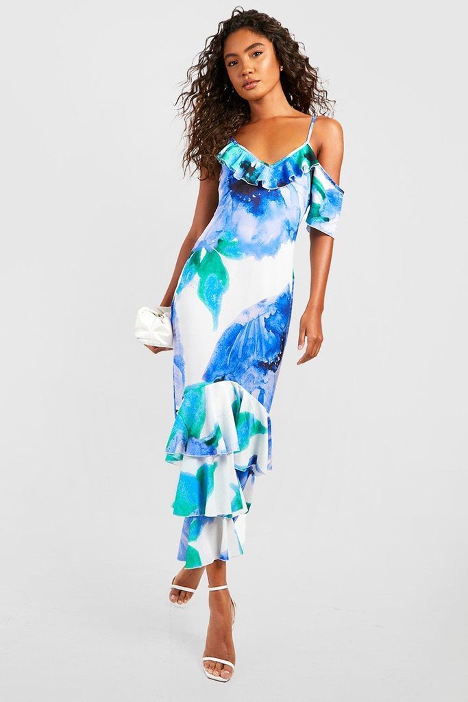 Womens Tall Floral Ruffle Asymmetric Cold Shoulder Midaxi Dress - Blue - 6, Blue