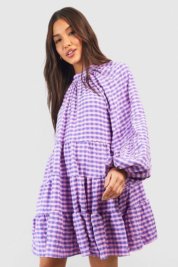 Womens Textured Check Smock Dress - Purple - 8, Purple