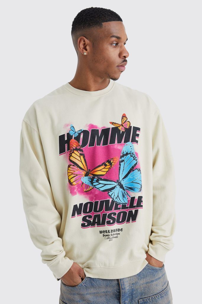 Men's Oversized Butterfly Graphic Sweatshirt - Beige - S, Beige