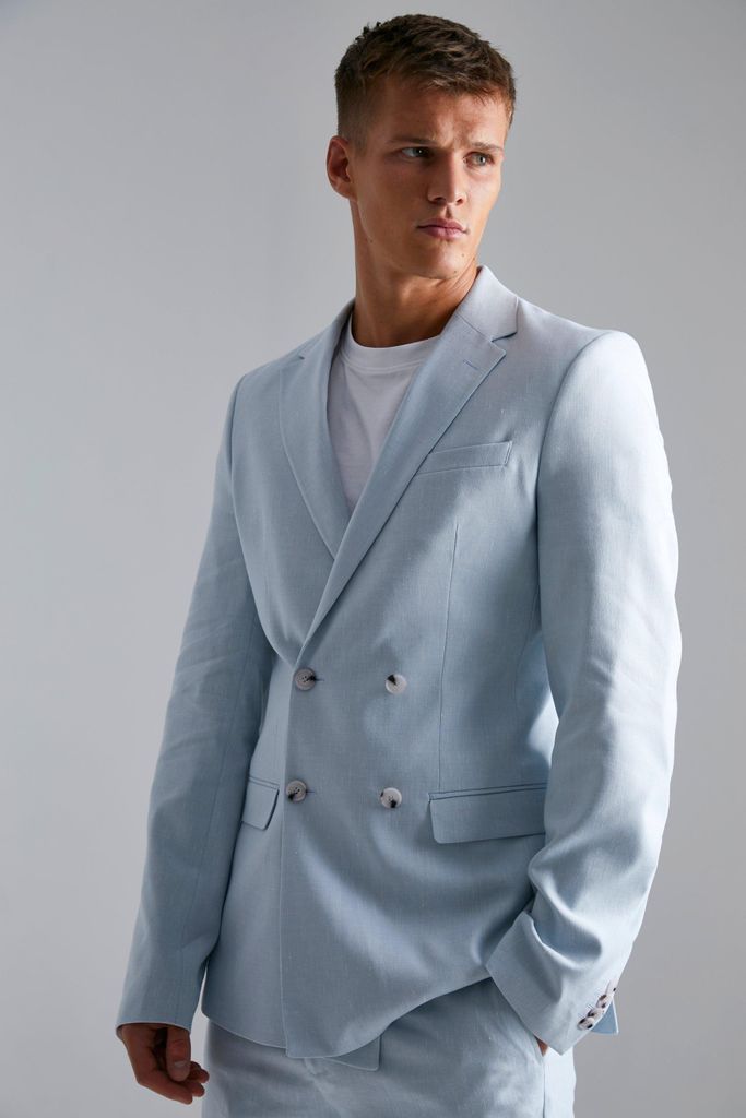 Men's Tall Double Breasted Skinny Linen Suit Jacket - Blue - 36, Blue