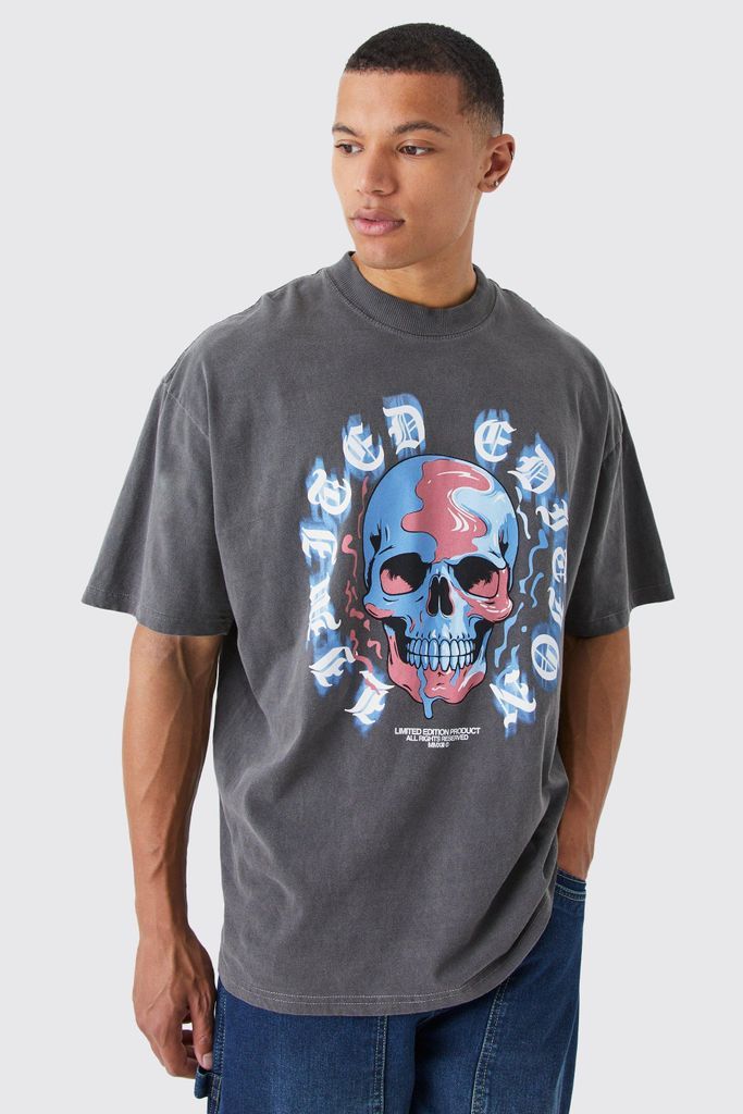 Men's Tall Oversized Overdyed Drip Skull Gothic T-Shirt - Grey - S, Grey