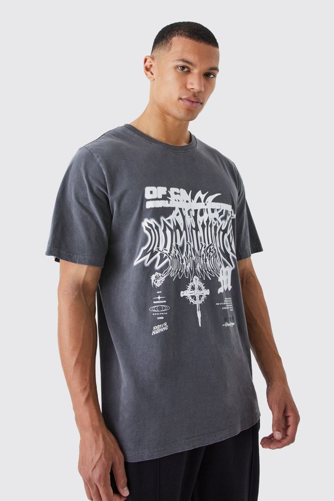 Men's Tall Oversized Overdyed Gothic Graphic T-Shirt - Grey - S, Grey