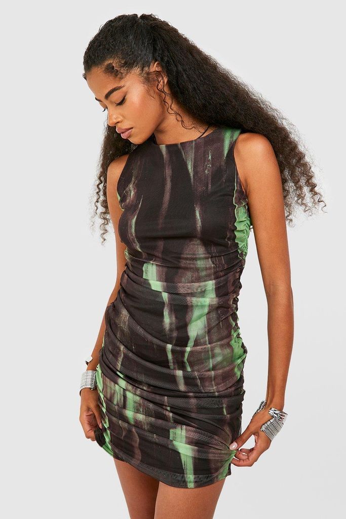 Womens Abstract Rouched Mesh Mini Dress - Green - 8, Green