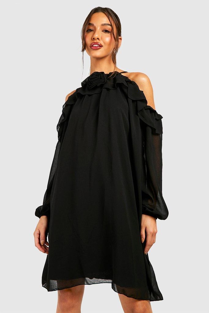 Womens Corsage Cold Shoulder Swing Mini Dress - Black - 8, Black