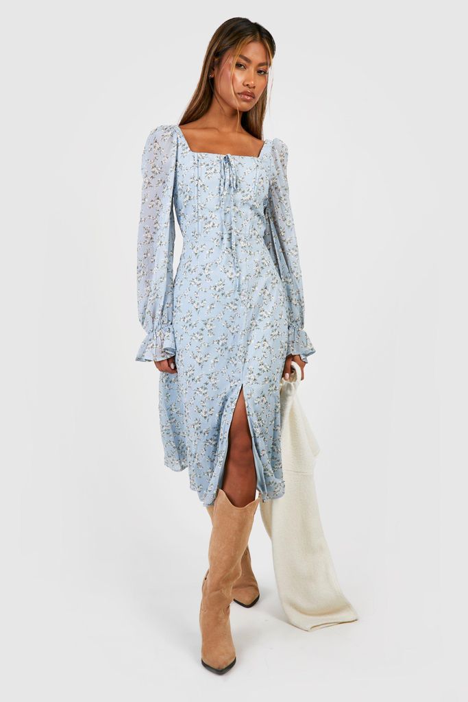 Womens Ditsy Blouson Sleeve Midi Milkmaid Dress - Blue - 8, Blue