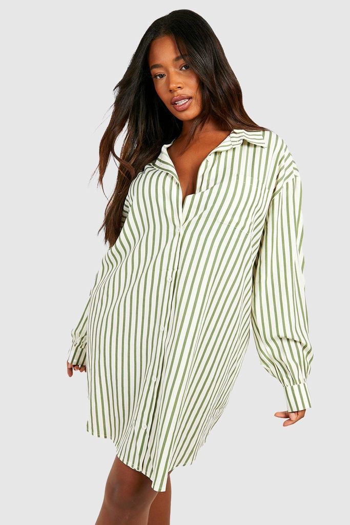 Womens Plus Striped Oversized Shirt Dress - Green - 16, Green
