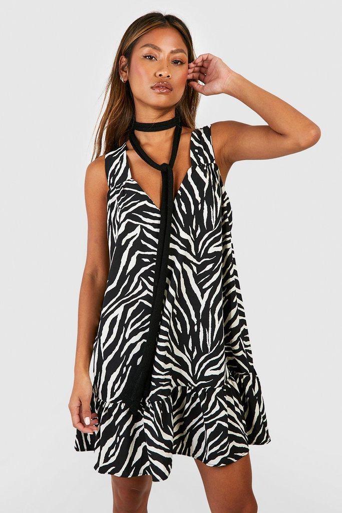 Womens Zebra Trapeze Mini Dress - Black - 8, Black