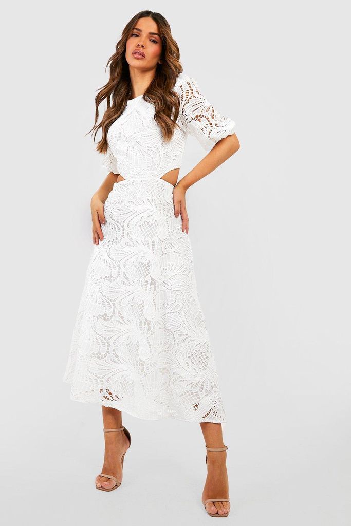 Womens Cut Out Crochet Puff Sleeve Maxi Dress - White - 8, White