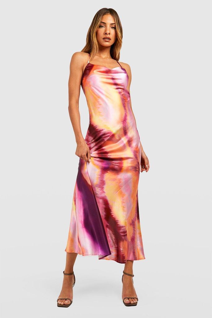 Womens Abstract Satin Cowl Slip Dress - Multi - 8, Multi