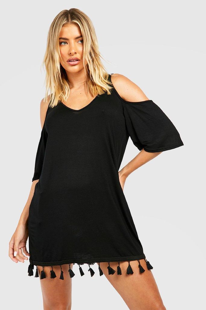 Womens Cold Shoulder Tassel Hem Beach Mini Dress - Black - S, Black