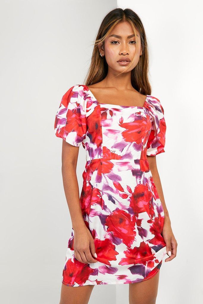 Womens Floral Puff Sleeve Mini Dress - Red - 10, Red