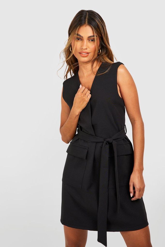 Womens Pocket Detail Belted Tailored Dress - Black - 6, Black