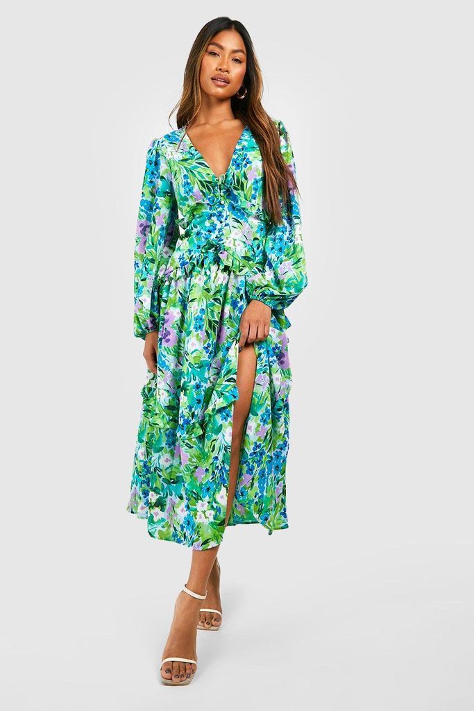 Womens Floral Waist Detail Midi Dress - Green - 8, Green